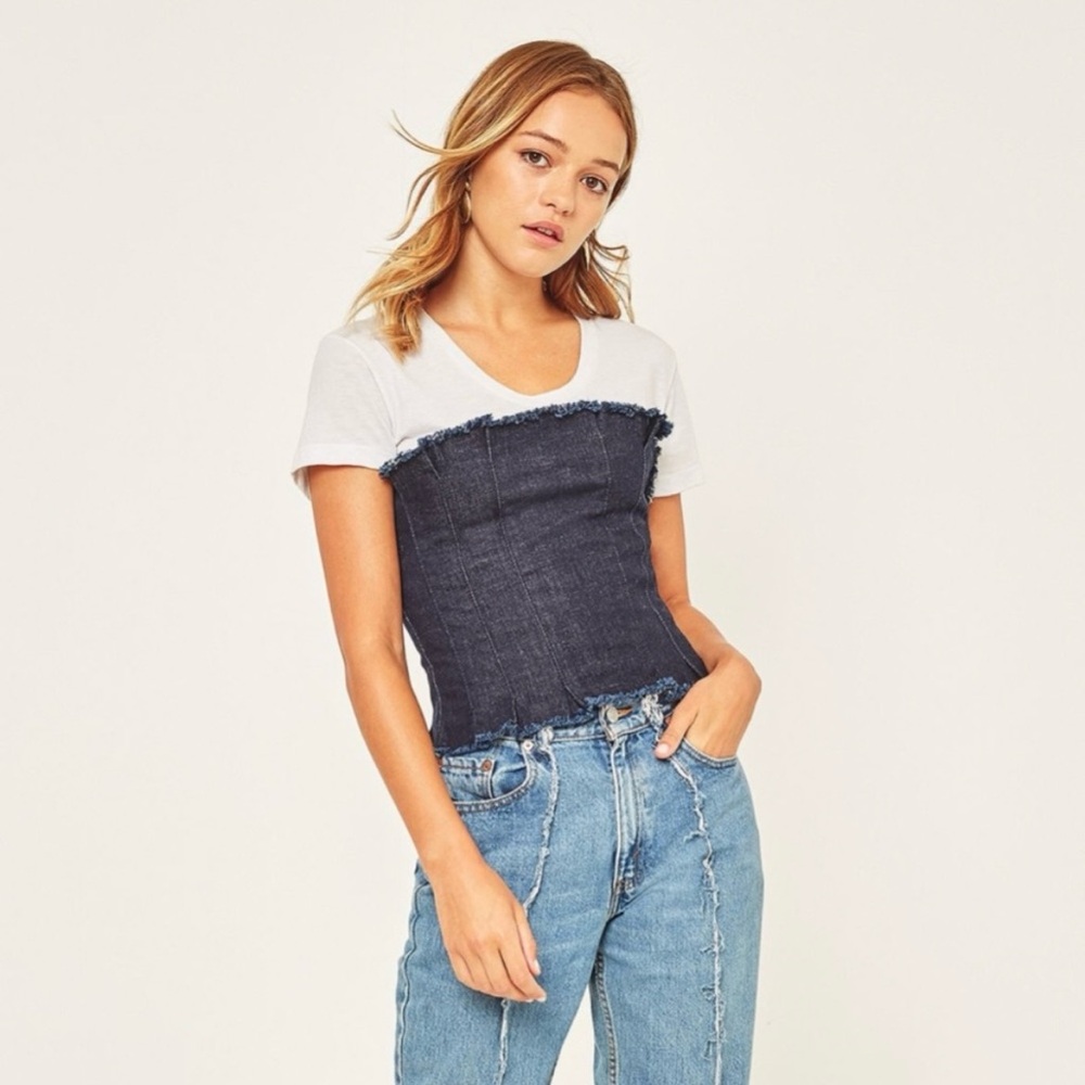 BDG Denim Strapless Corset Top Small Frayed Raw Edge Y2K Babygirl